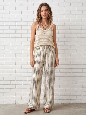 Solito Rayon/Cotton Striped Wide-Leg Lounge Pants  SZ L- Black/Cream Stripes